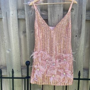 NWT Pink ostrich feather gold sequin shift party plunge S fits 4 -6 luxe custom